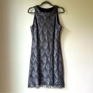Vintage Reitmans Metallic Lace Fringe Dress S | Black Silver Sleeveless Cocktail